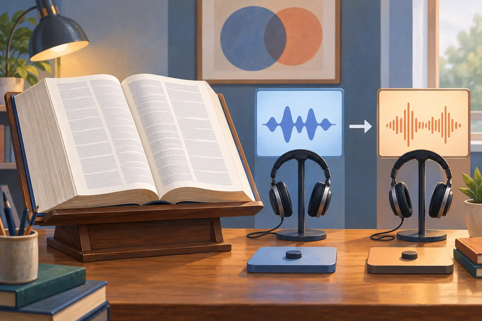 Imagined dictionary publication beside two audio comparison stations.