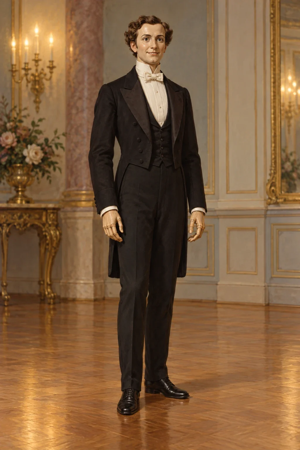 A wax-faced mechanical dancing man stands in formal clothes with a fixed smile and a jointed hand