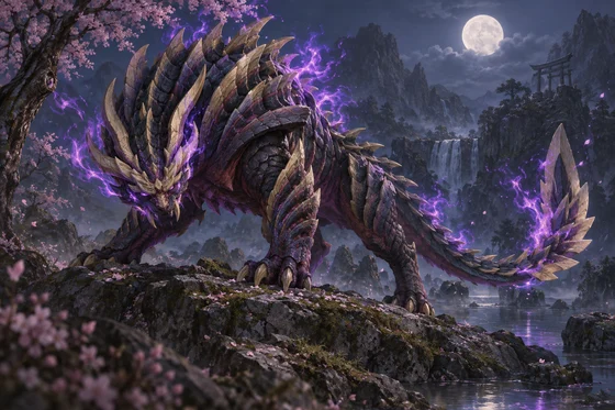 Purple armored feline-like creature stands beside cherry blossoms.