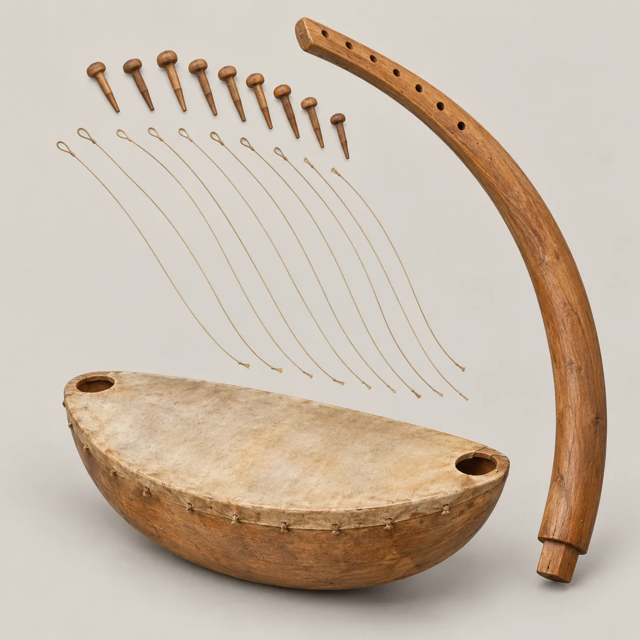 AI-generated study of separated harp components: hide-covered bowl, curved neck, pegs and strings.