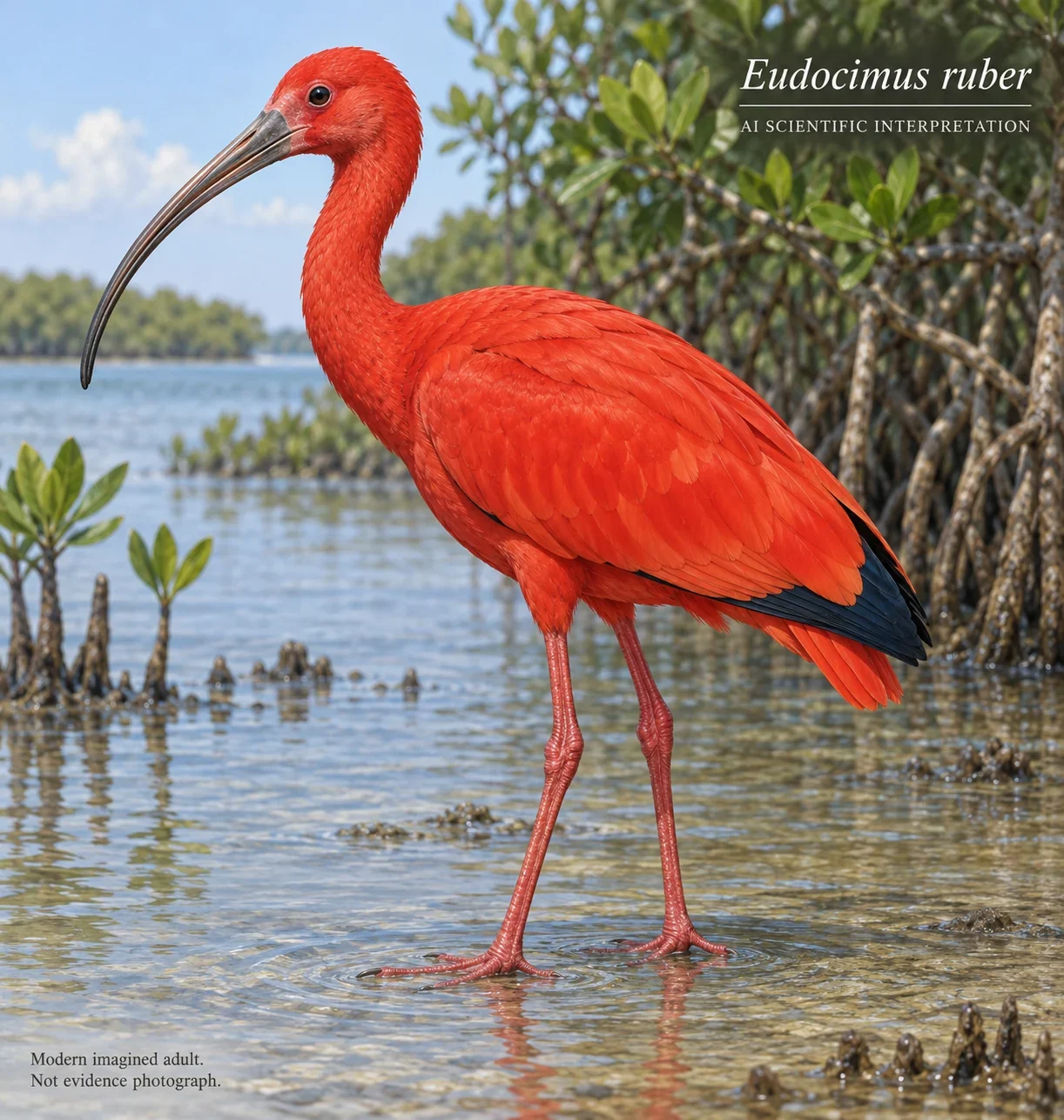 AI scarlet ibis with slender downcurved bill and dark wing tips.