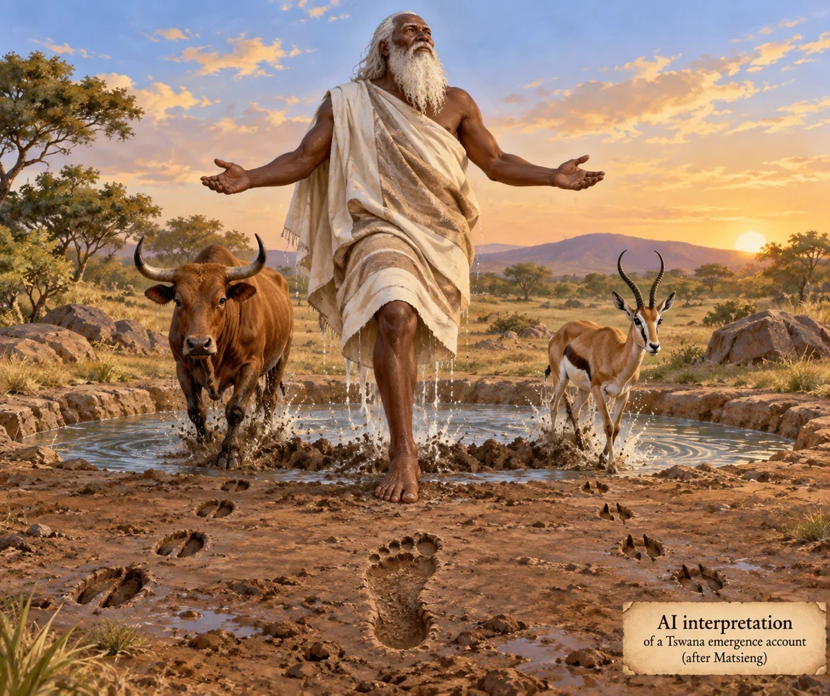 AI interpretation of Matsieng’s selected one-legged emergence. Appearance and landscape imagined; no archaeological reconstruction.
