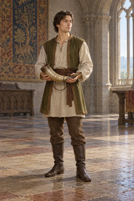 A complete adult prince holds an old curved horn in a palace hall