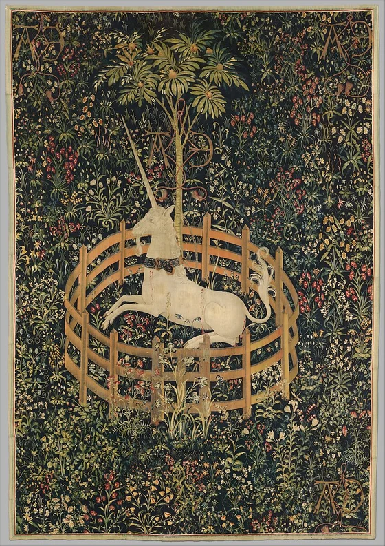 The Unicorn Rests in a Garden, tapestry of a collared one-horned creature within a flower-filled enclosure, 1495–1505