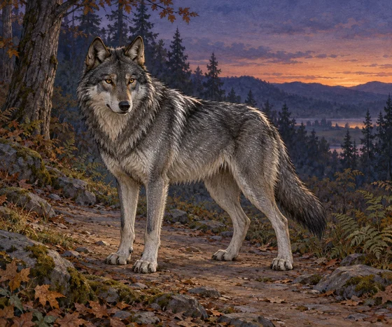 Interpretive Iron Wolf on a woodland path