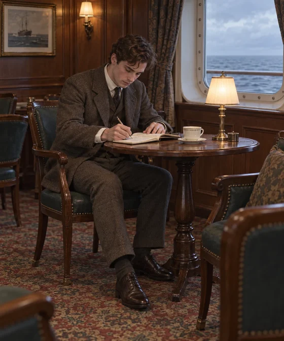 Imagined young reporter Malone writes in a notebook at a table in a ship’s saloon.