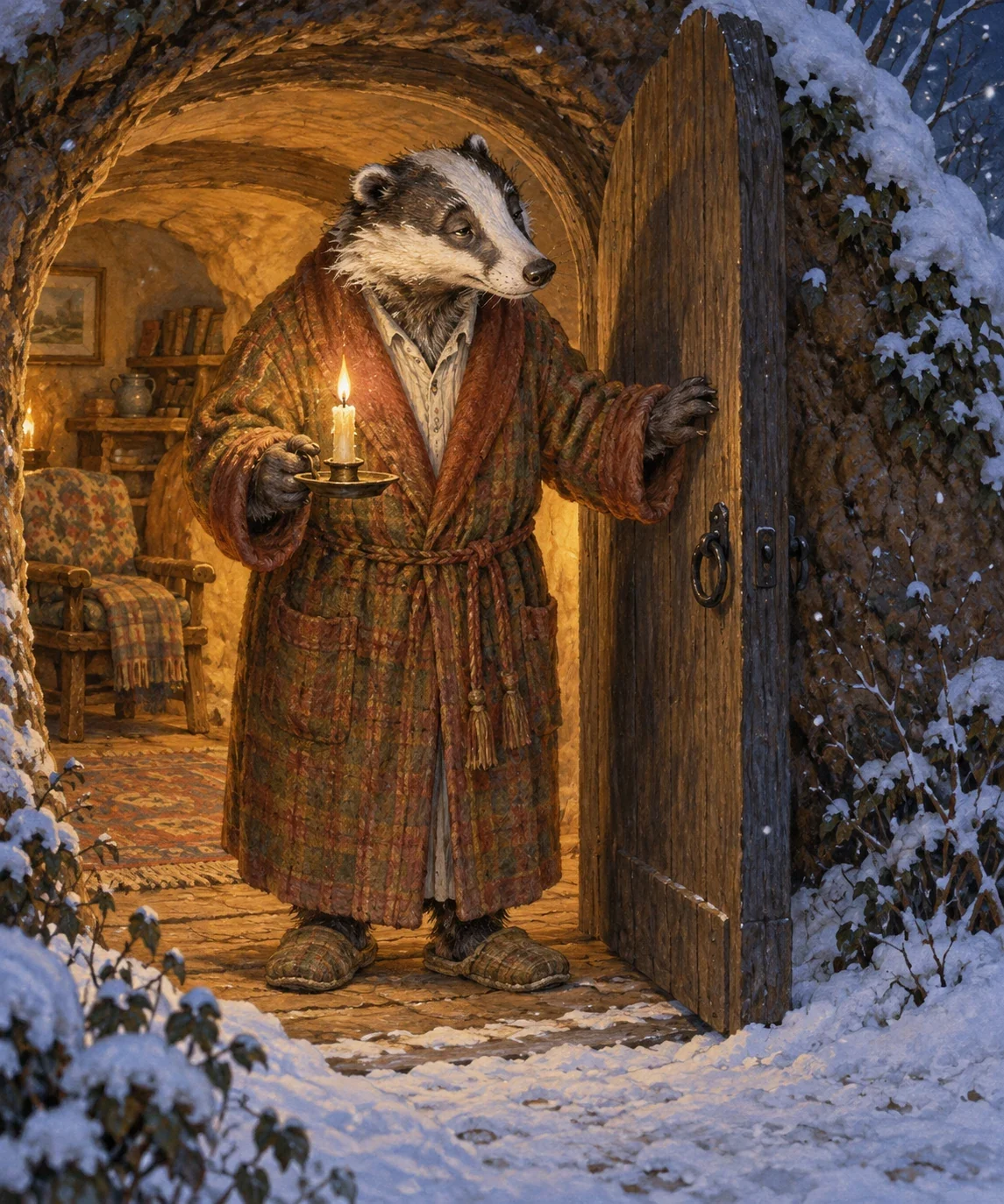 Imagined Badger in a dressing-gown and worn slippers holds a flat candlestick at an open underground door.