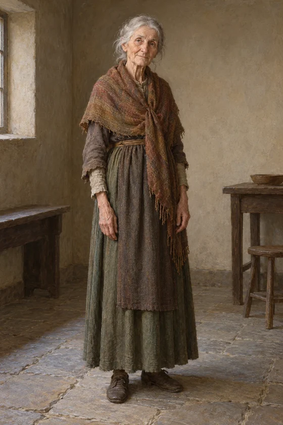 Complete older woman in a plain chamber, with both hands and shoes visible.