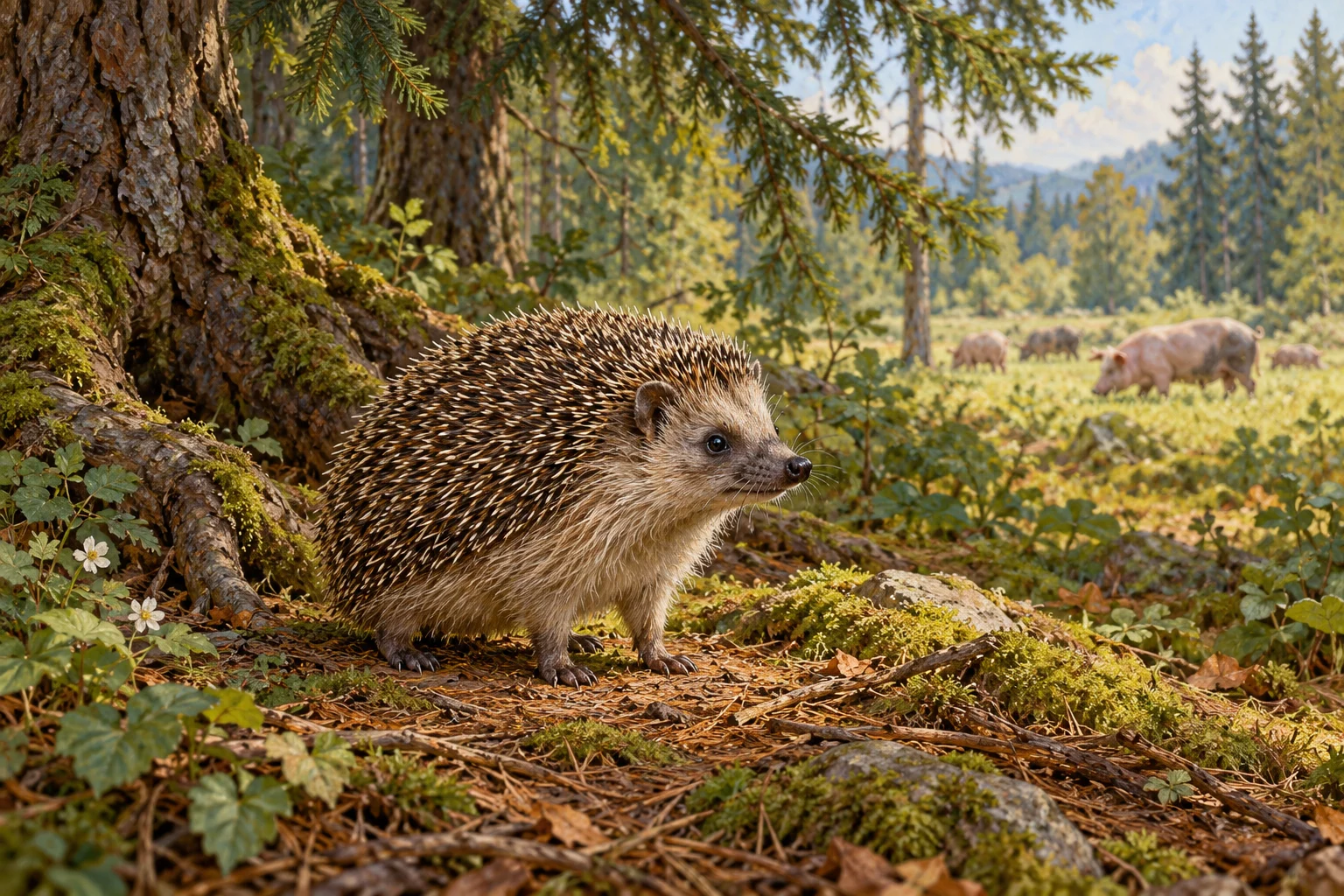 Complete hedgehog beside a spruce in an imagined forest.