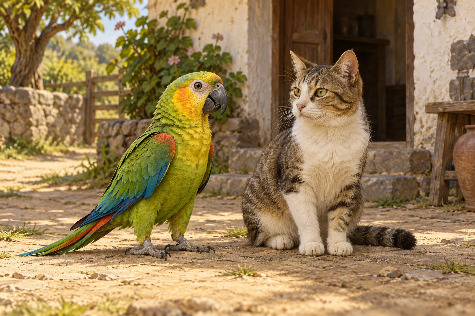 Whole imagined parrot standing beside a seated cat in a quiet farmyard.