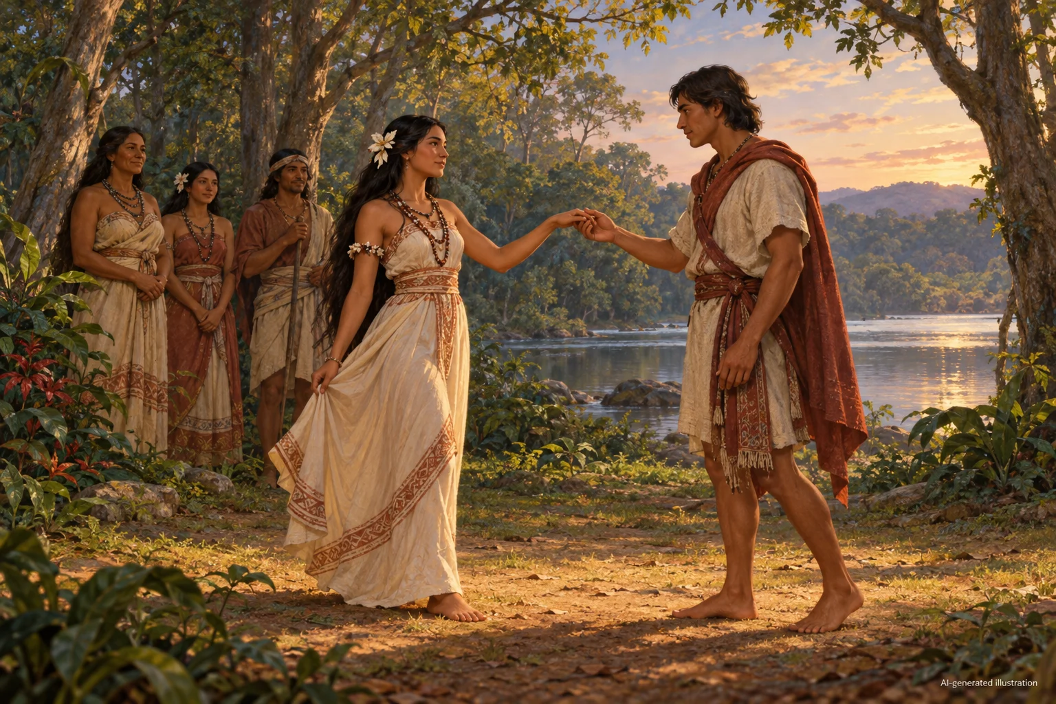 An imagined humanlike Demaredu bride meets a human suitor at her family’s dance.