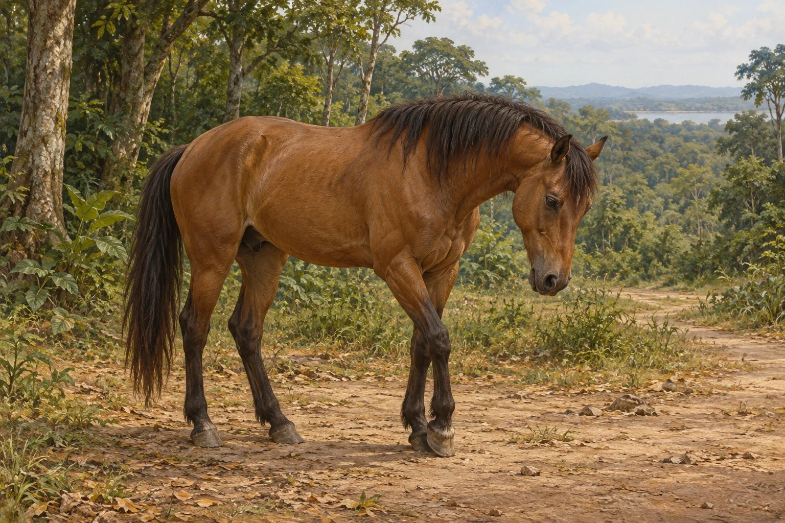 Complete horse with lowered head and one resting foreleg.
