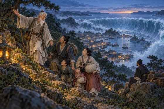 A mysterious guide leads a household uphill above a village threatened by an immense wave.