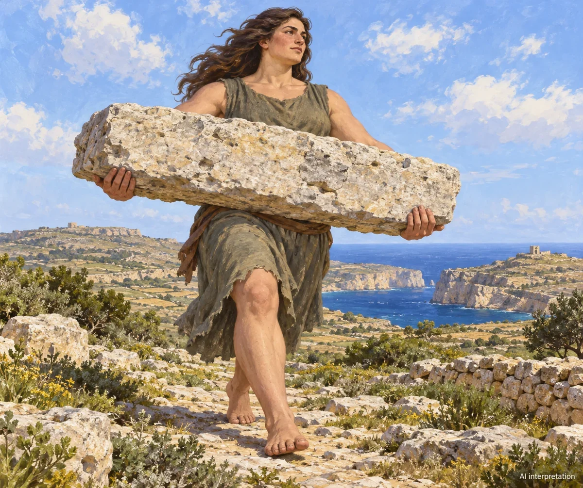 AI interpretation of Sansuna carrying a megalith. Body, clothes and carrying method imagined; no archaeological reconstruction.