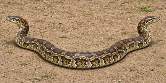 An imagined long serpent with a head at either end of one curved body.